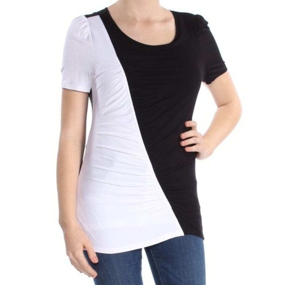 INC International Concepts Ruched Colorblock Top White / Black Size M / L